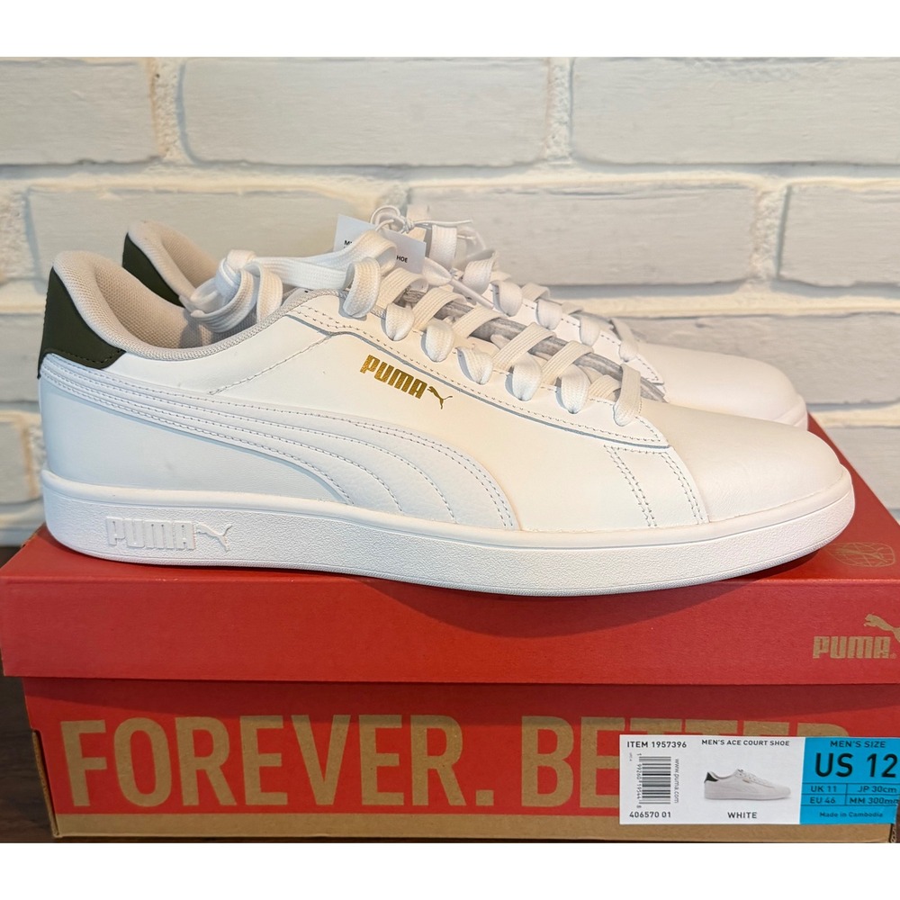 Puma White Sneakers with Dark Green Heel and Gold Logo